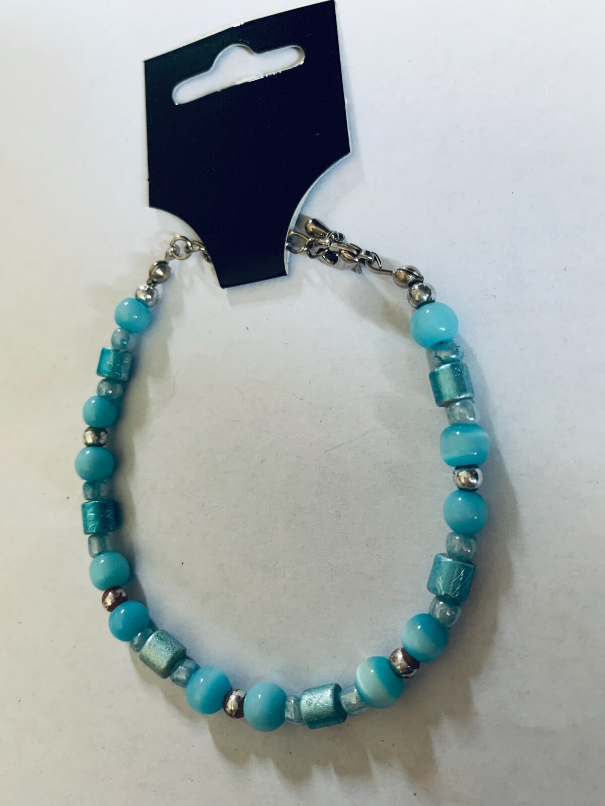 Women Blue Silver Beads Bracelet Lobster Hook Closure 8″ Handmade Jewelry