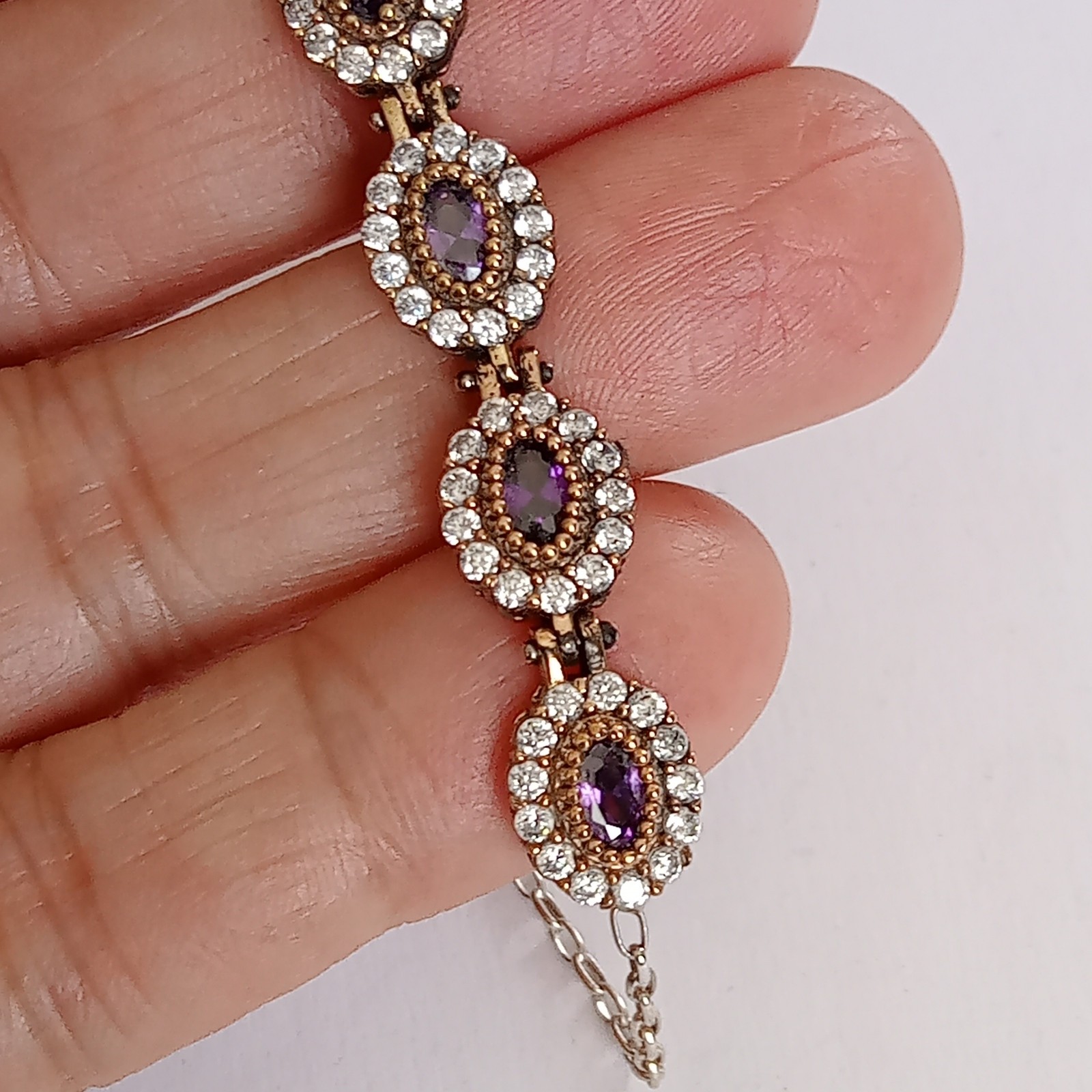 925 Sterling Silver and Bronze Turkish Handmade Oval Amethyst Topaz Bracelet