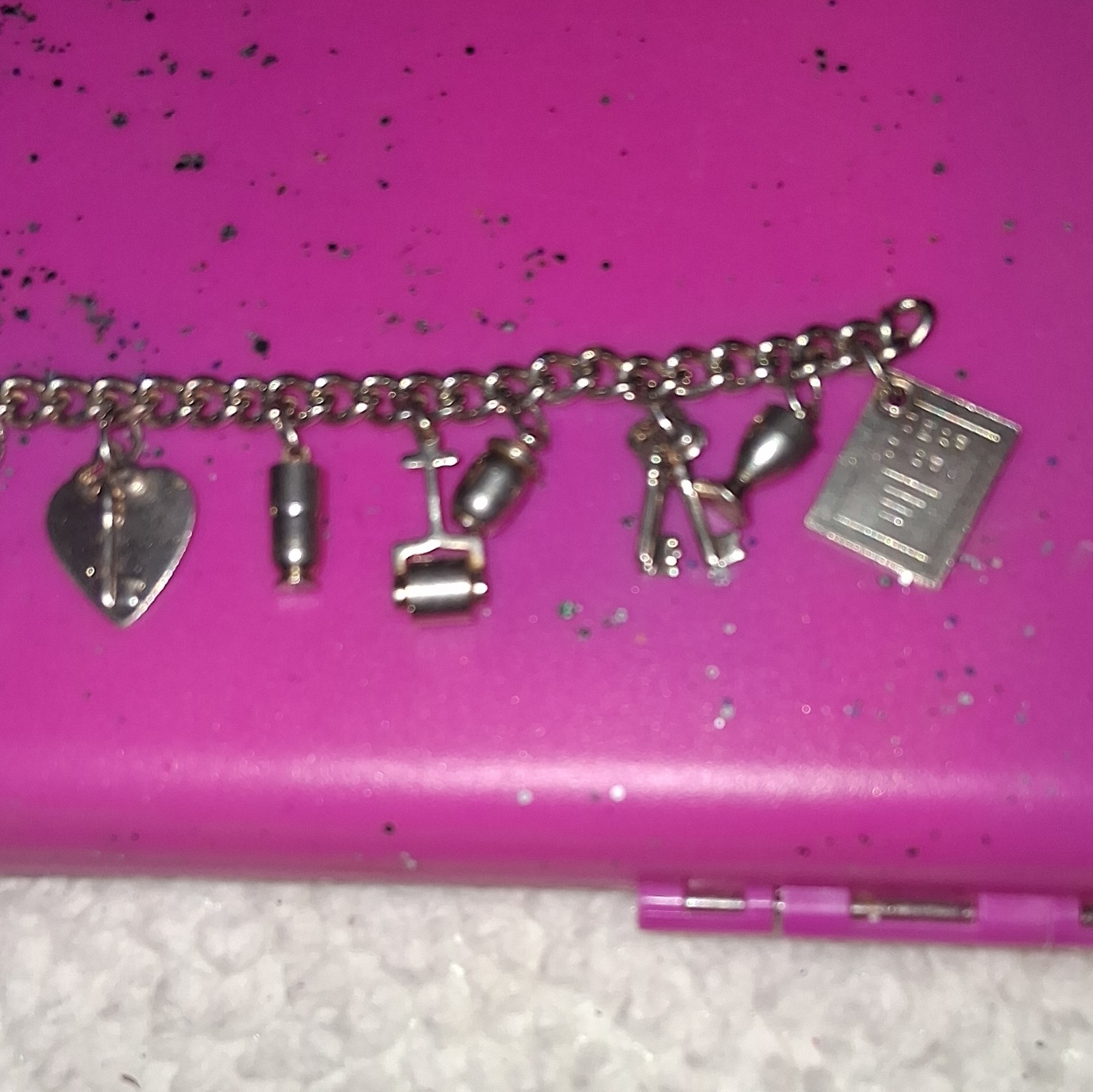 Antique charm bracelet, Silver Tone , Lobster Clasp, Dangle Charms Metal