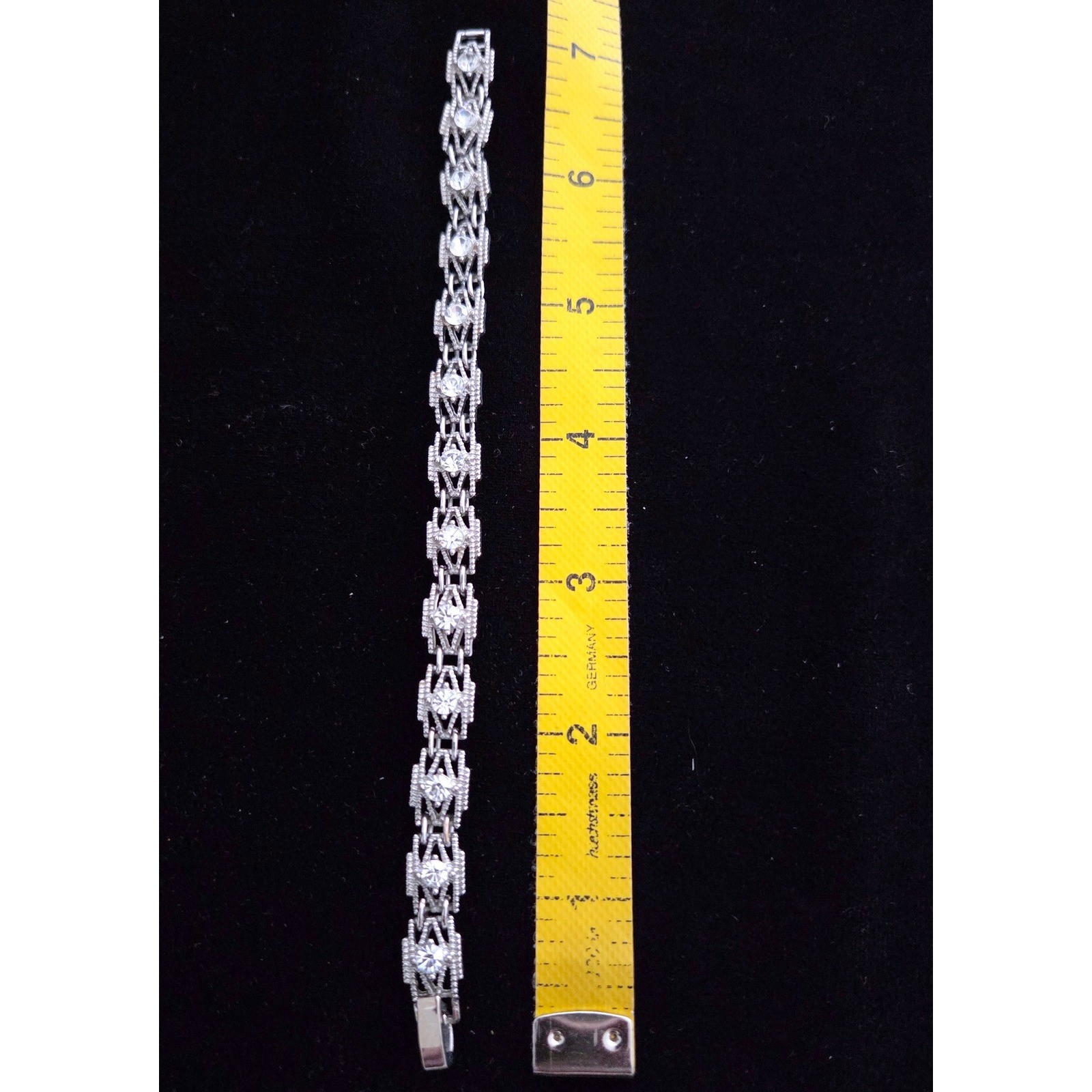 VTG Art Deco Silver Tone Geometric Rhinestone Link Tennis Bracelet 7.5 Inch