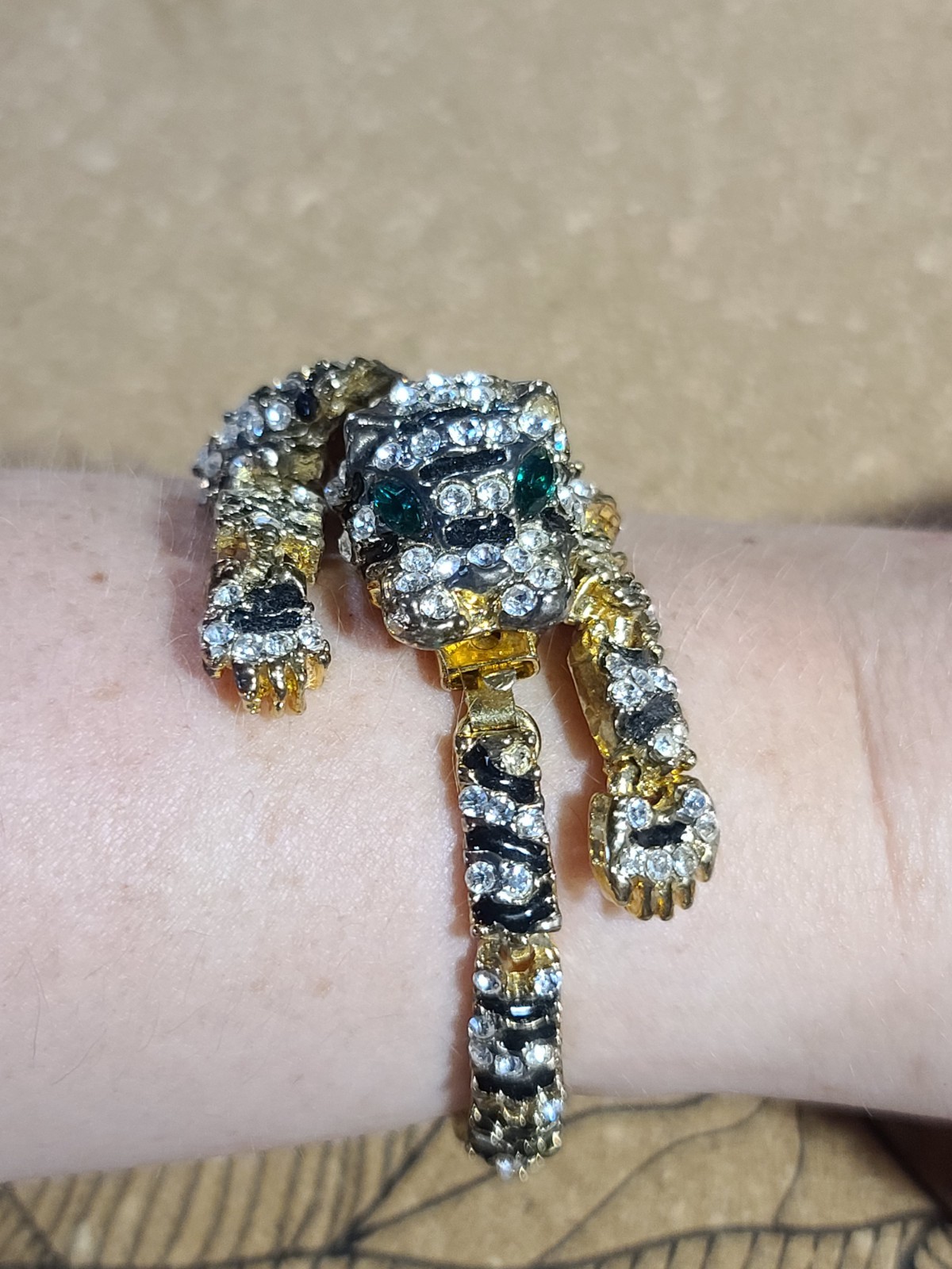 Vtg Articulated Pave Rhinestone Tiger Big Cat Bangle Brooch Green Eye 1980s