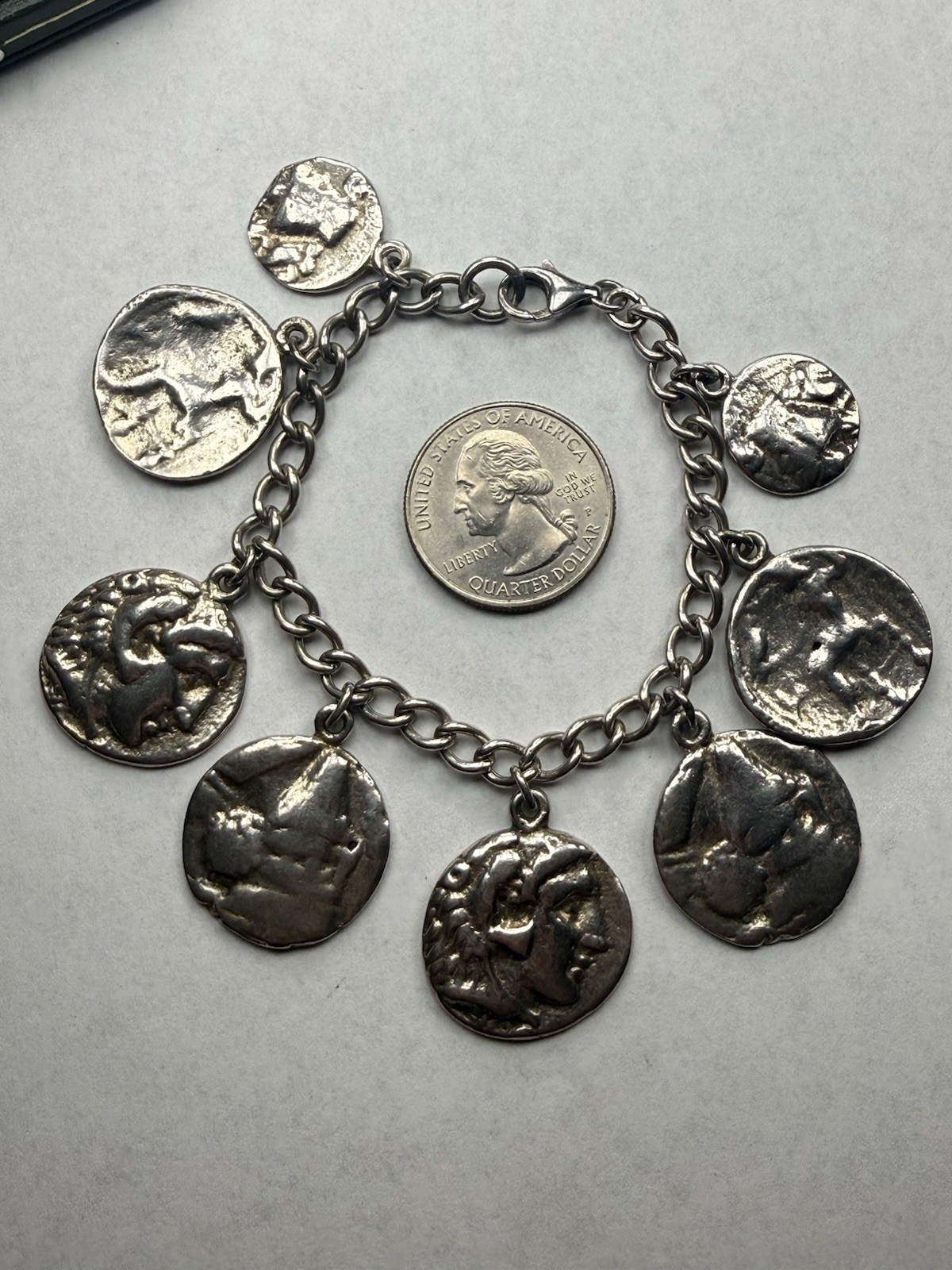 Beautiful Heavy Oxidized Sterling Roman Coin Cha Cha Charm 7” Bracelet – 58.9g