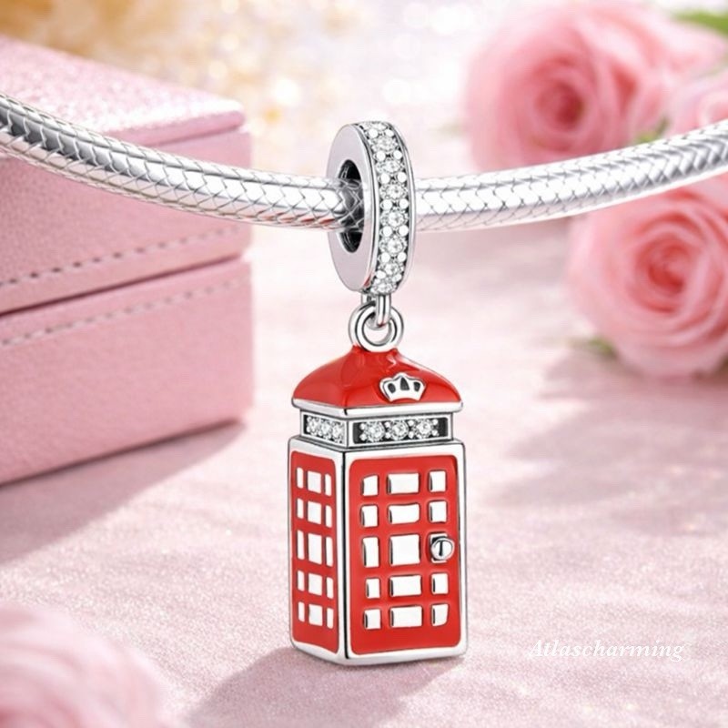 Red Telephone Booth 925 Sterling Silver Dangle Charm for Bracelet; London UK