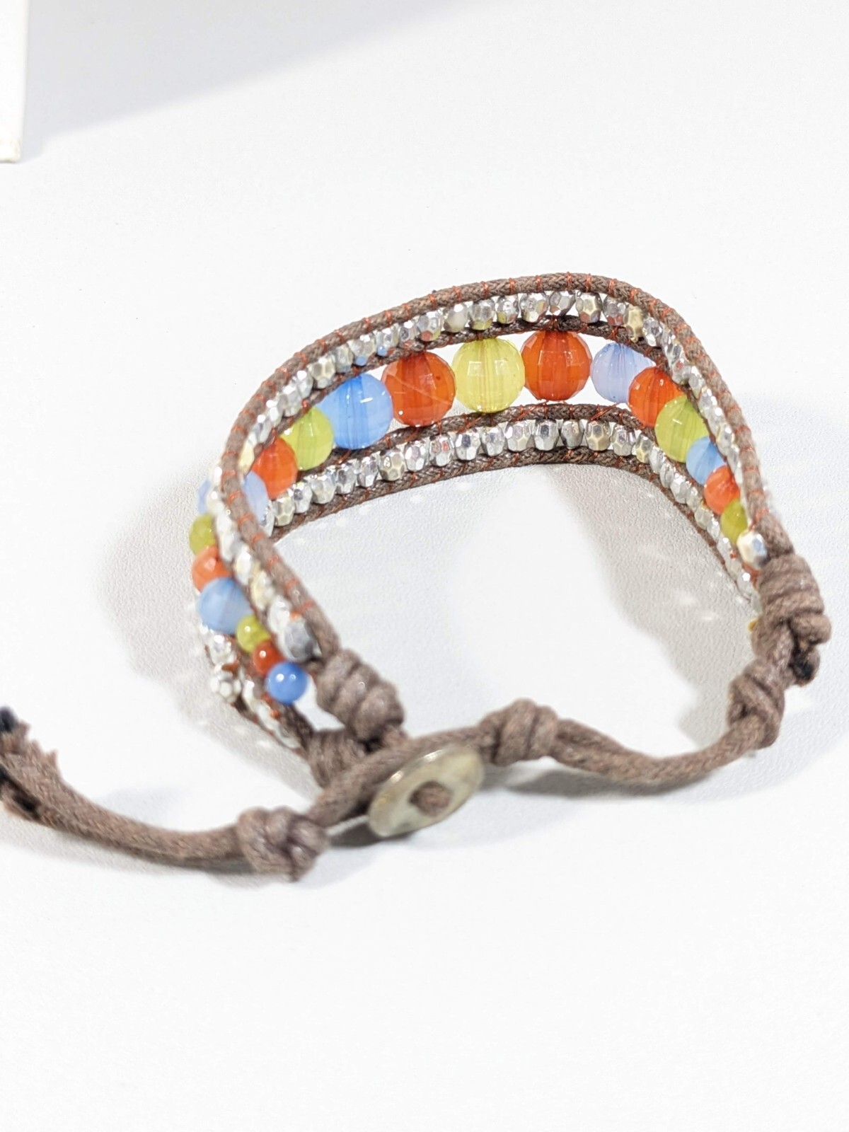 Tribal Style Brown Cord Silver Tone Blue Orange Acrylic Bead Bracelet 8.5 in