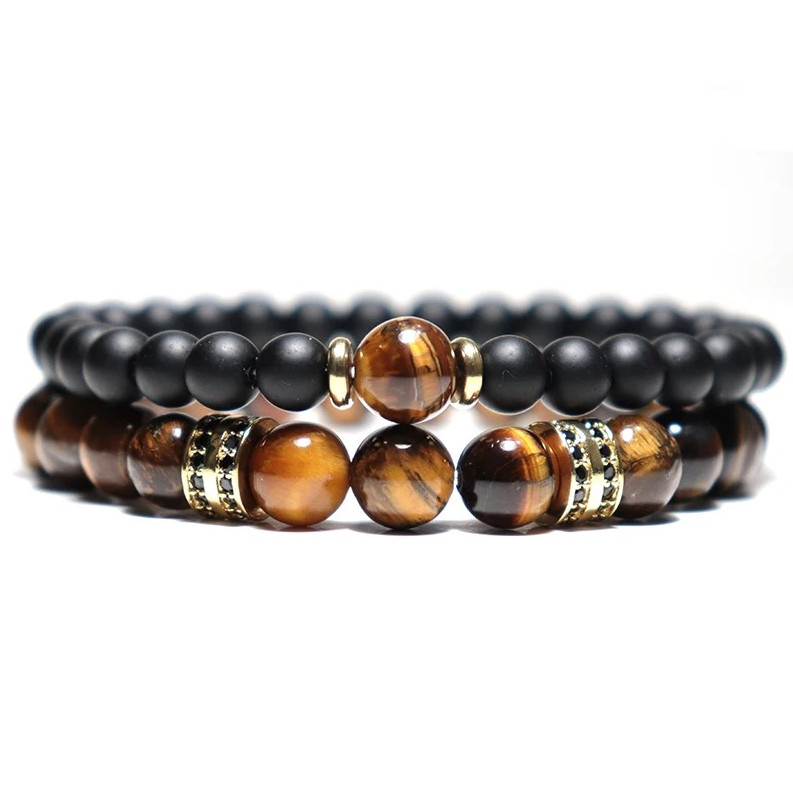 2pcs Men’s Tiger Eye Beaded Bracelets Set Luxury Zirconia Strand Jewelry Gift
