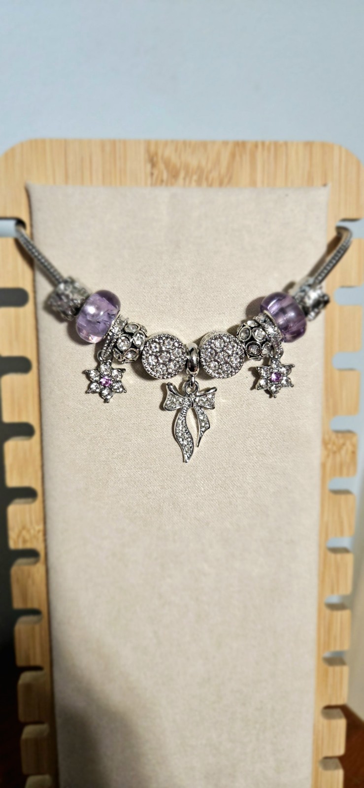 Silver Tone Chain Charm Bracelet w/ Purple Crystal Beads Star & Bow