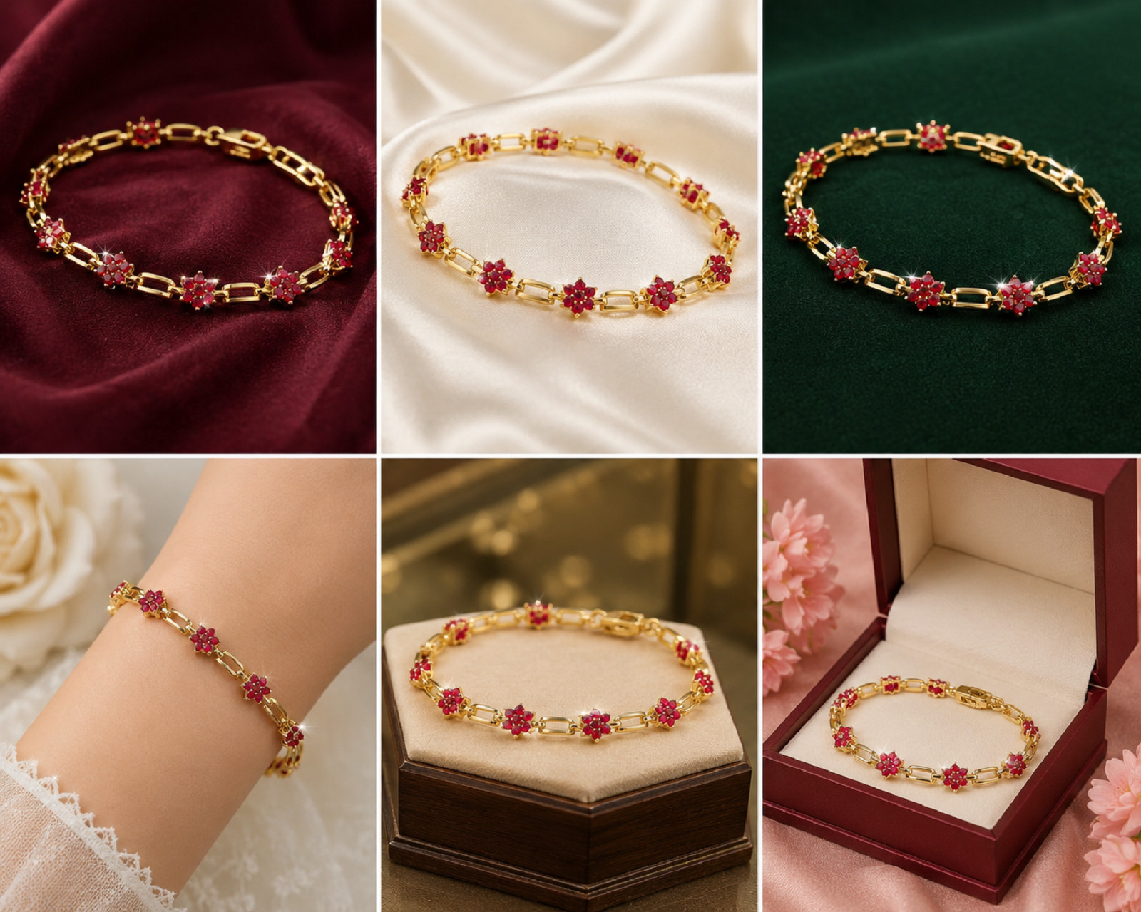 2ct Round Cut Simulated Red Ruby Flower Link Bracelet 14K Yellow Gold Plated7.5″