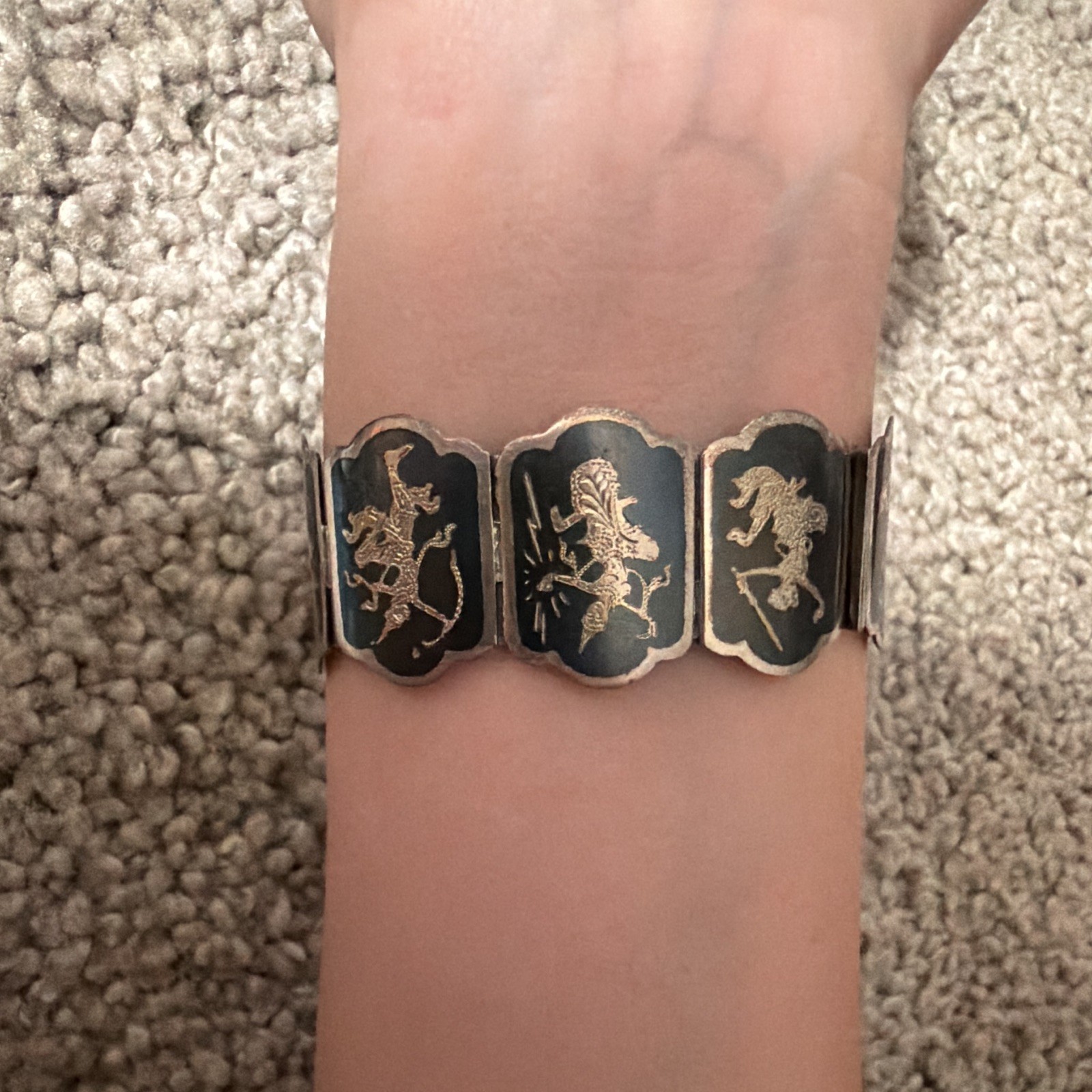 Vintage 1950s Siam Thai Sterling Silver & Black Panel Link Bracelet, Box Closure