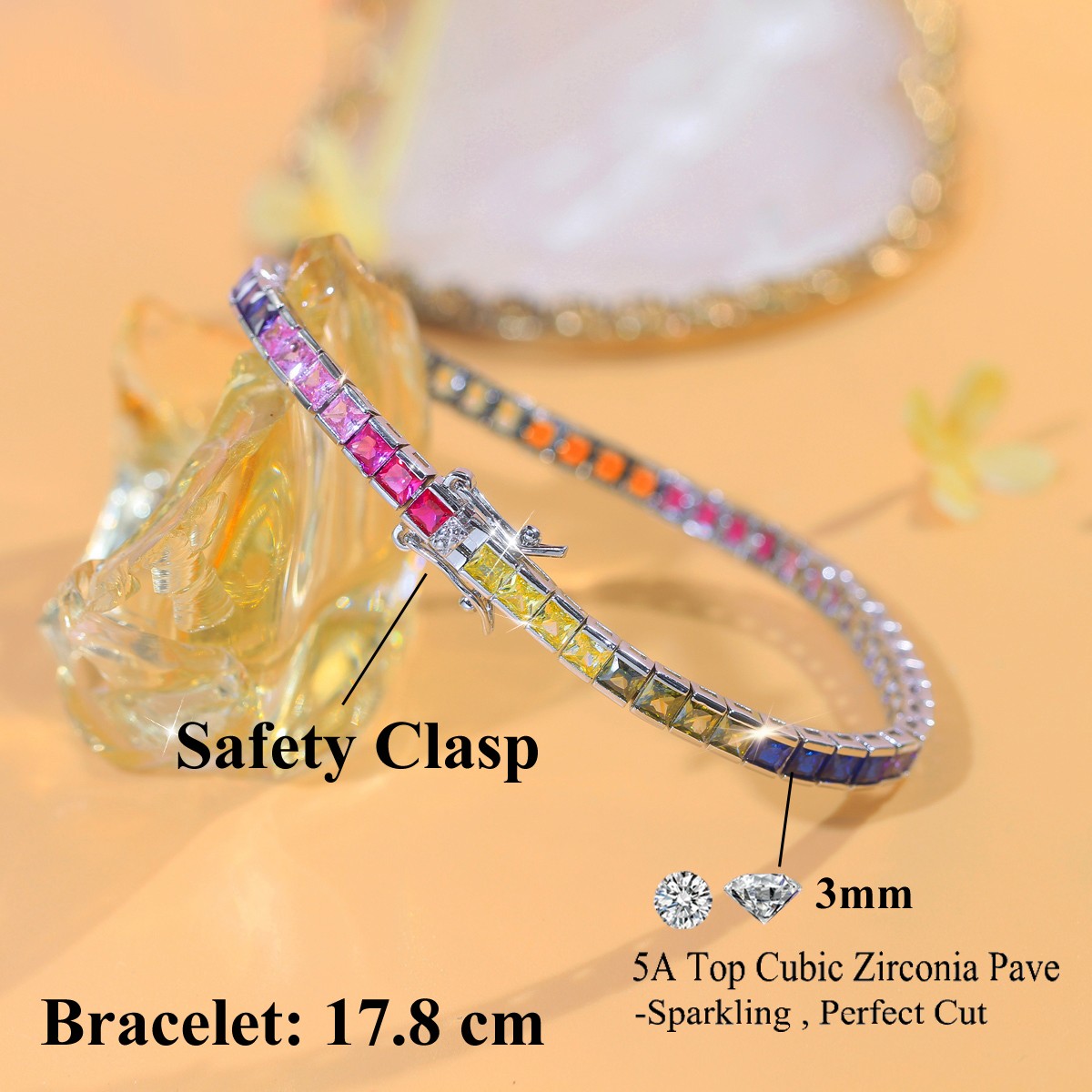 3mm Rainbow Square Cubic Zirconia CZ Tennis Bracelet Women Silver Plated Jewelry