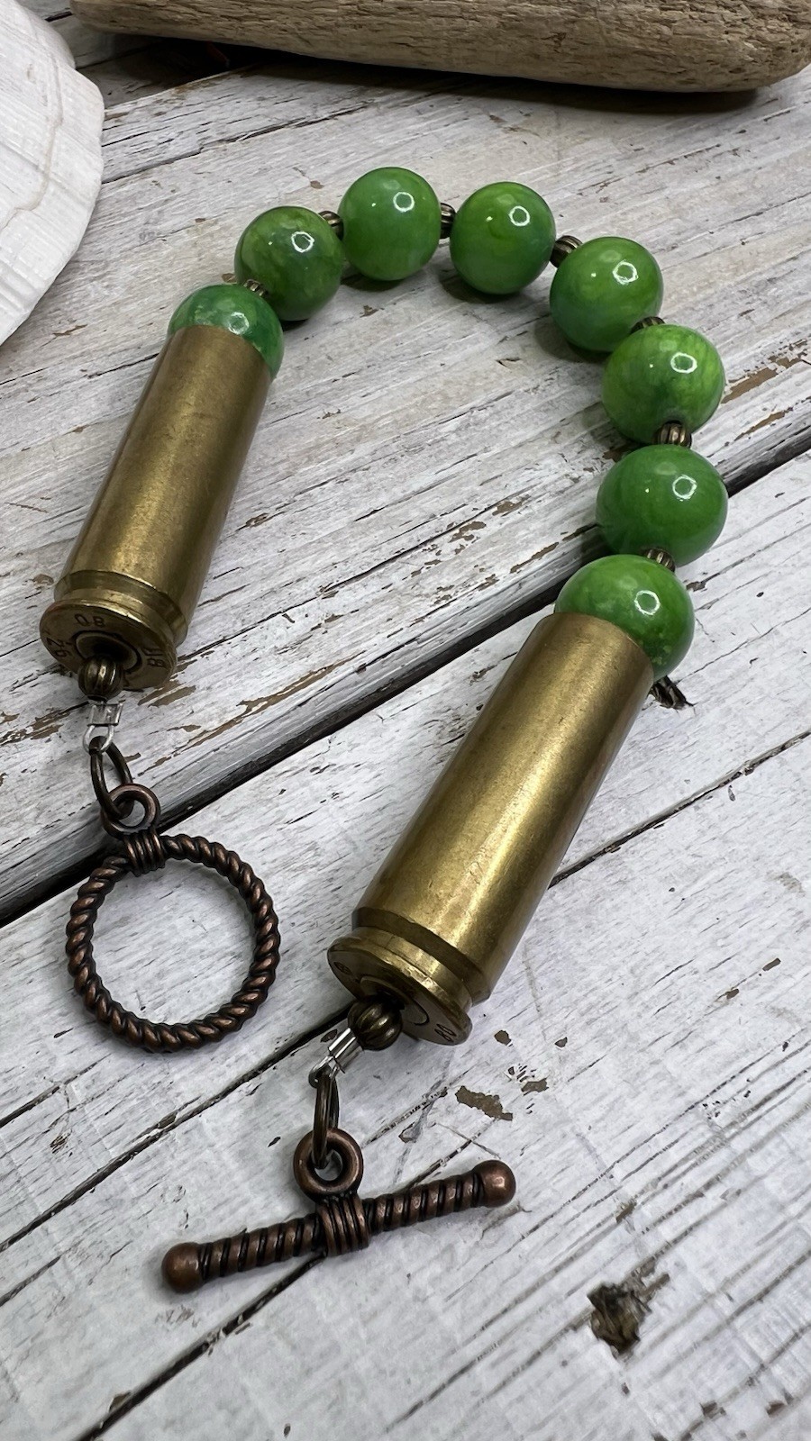 HANDMADE BRACELET W/BULLET CASINGS & GREEN GLASS BEADS ARTISAN 💚