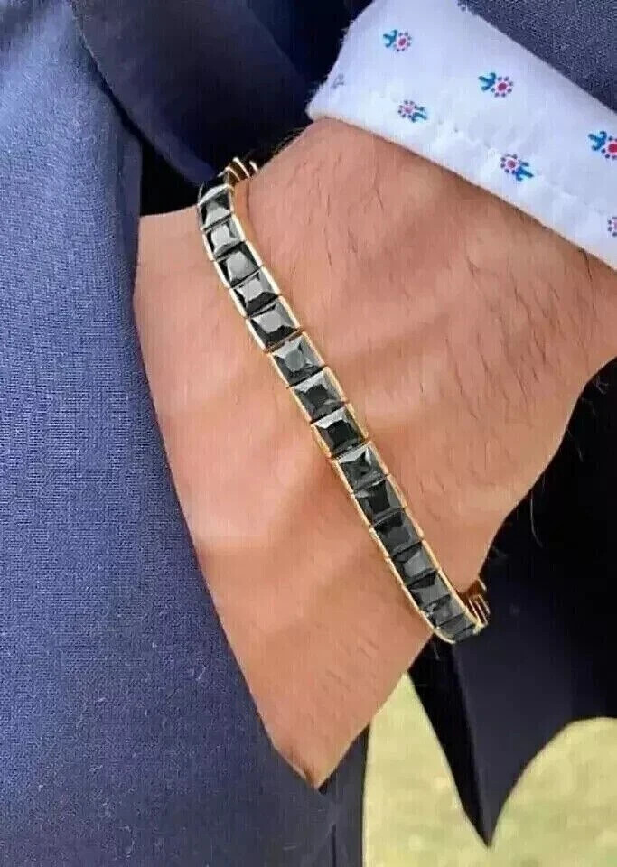 8 Ct Princess Simulated Black Diamond Men’s Tennis Bracelet 14K Yellow Gold Over