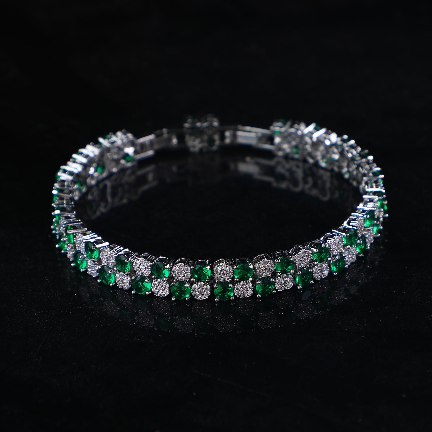 925 Silver Emerald Tennis Bracelet Double Row Cluster Crystal Link Bracelet Gift