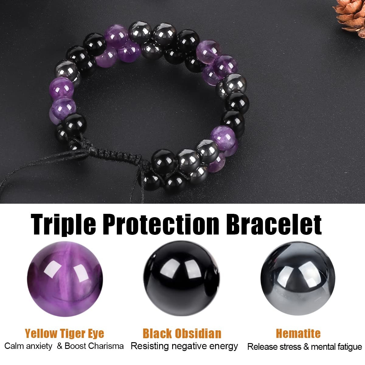 Triple Protection Bracelet Amethyst Hematite Obsidian 3A Grade – Enhance