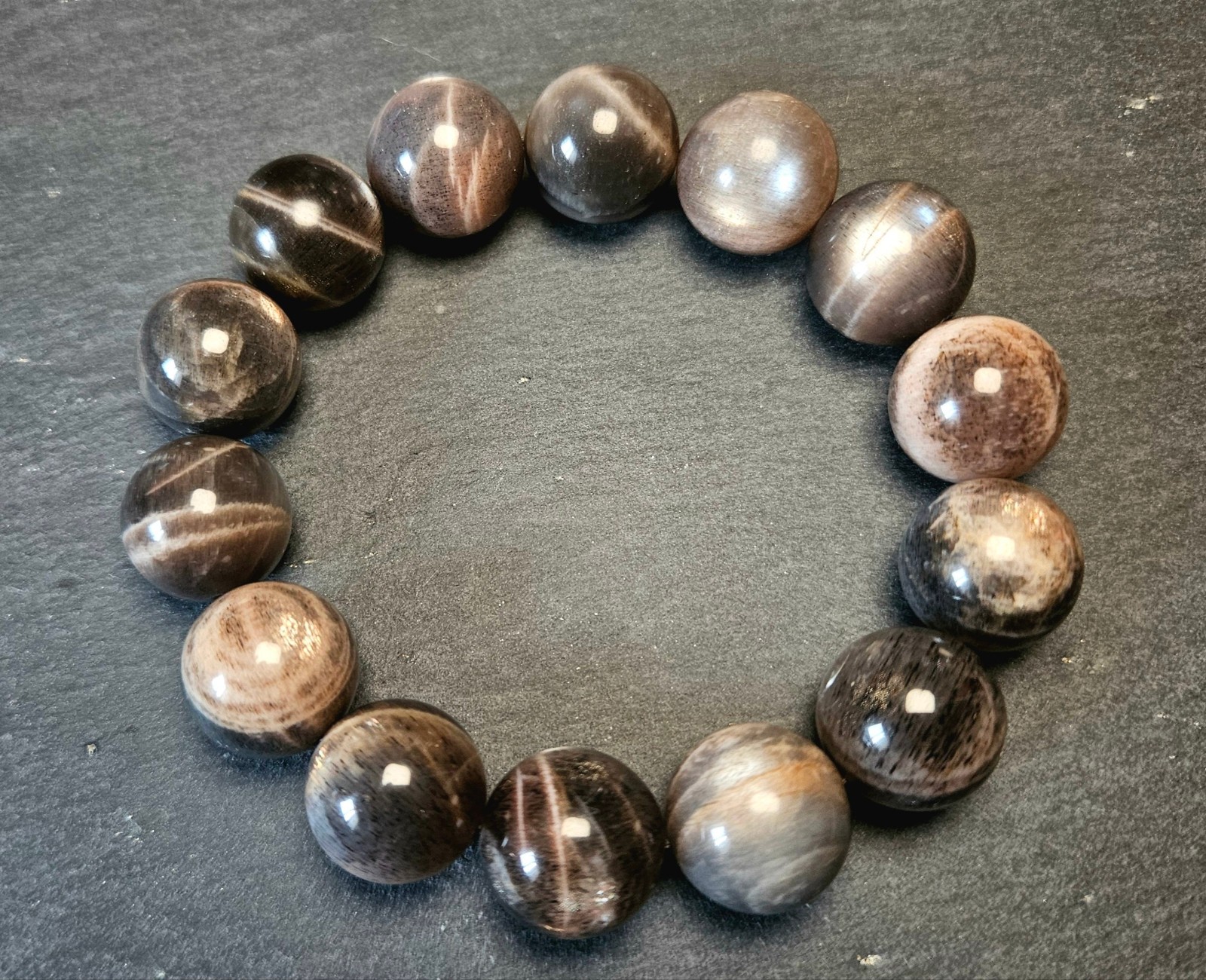 Natural Black Moonstone Beaded Bracelet 15mm Genstone Jewelry