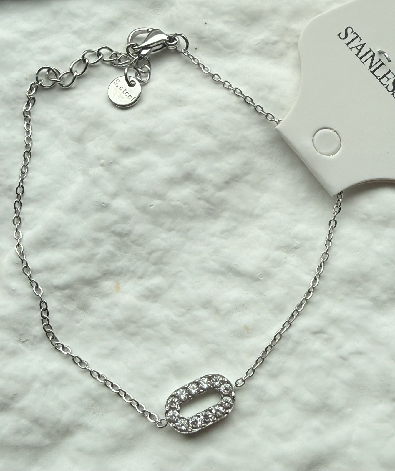 Stainless Steel Silver Tone Cable Chain CZ Oval Link Bracelet Lobster