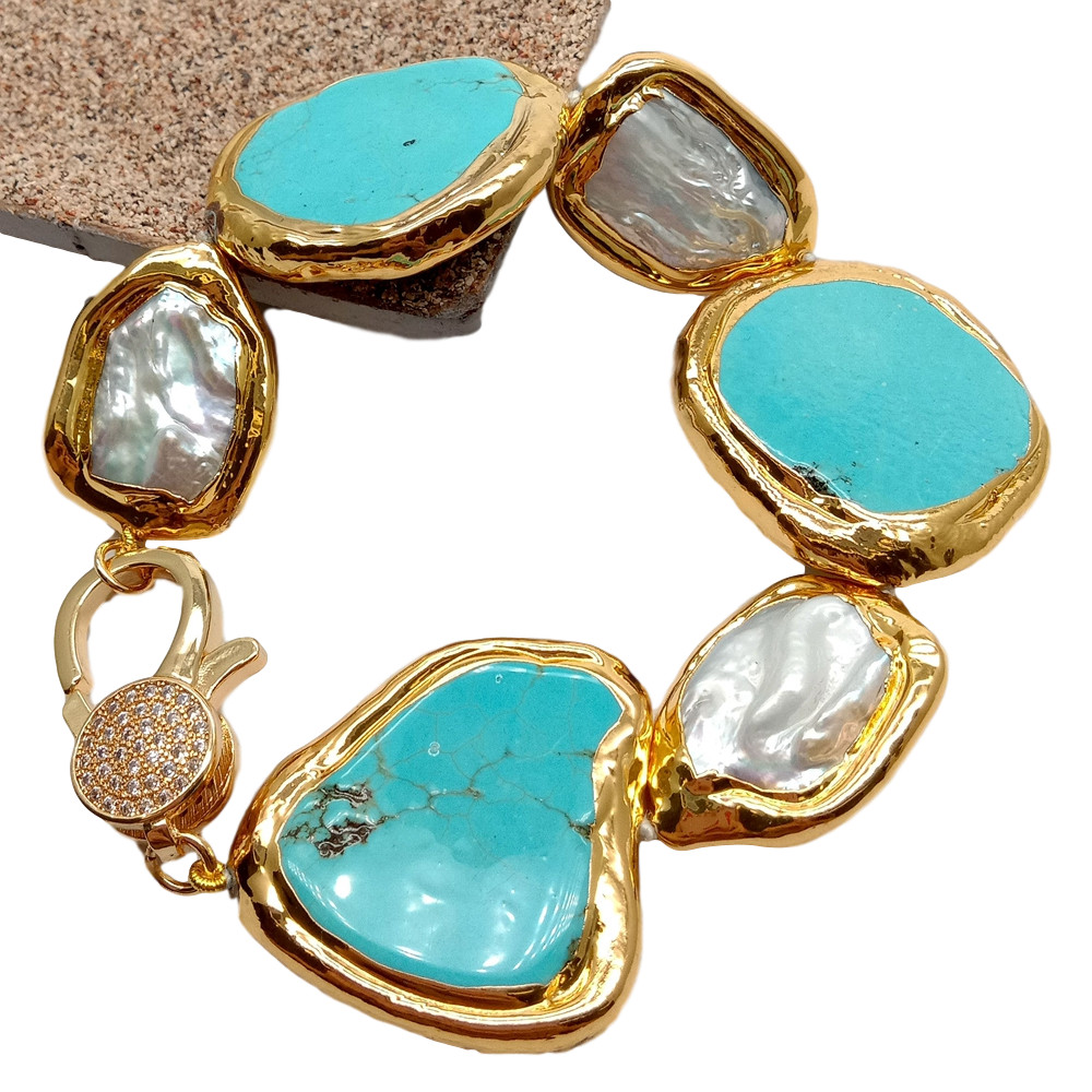 Cultured White Rectangle Keshi Pearl Blue Turquoise Gold Plated Edge Bracelet 9″