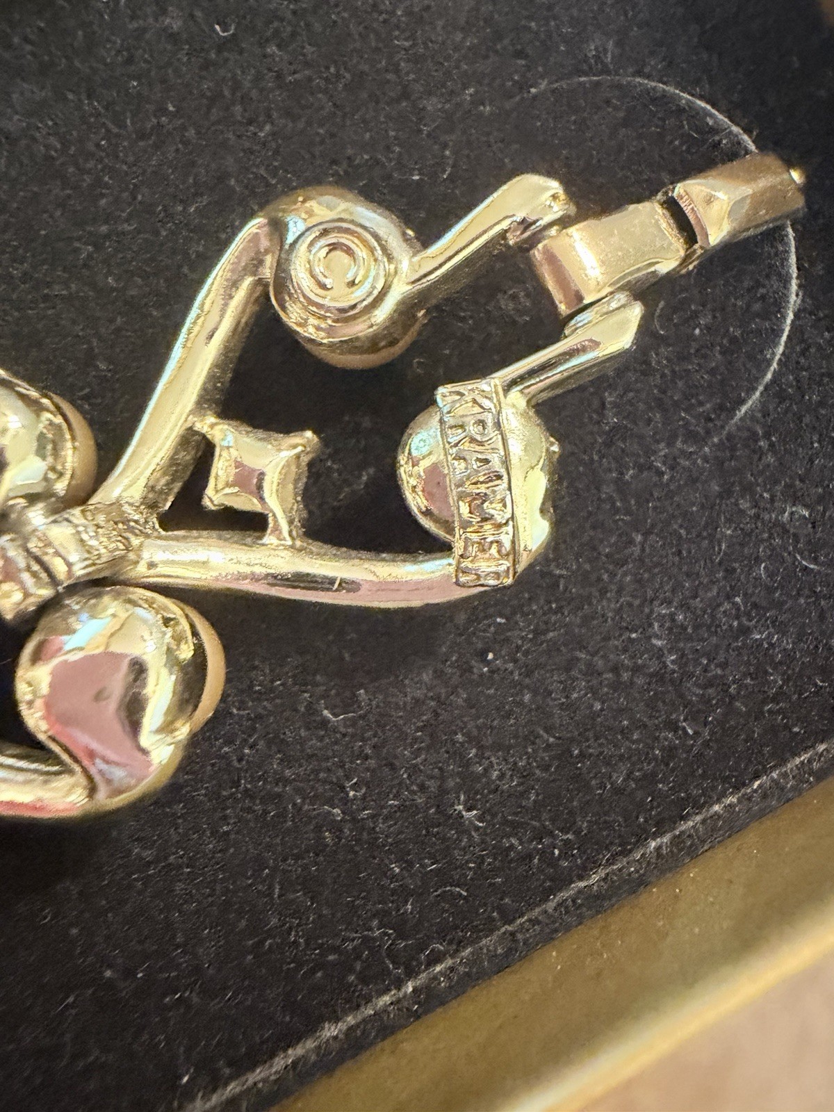 Gold Tone Heart Bar Link Bracelet w/ Imitation Pearls, Clear Crystals, Signed