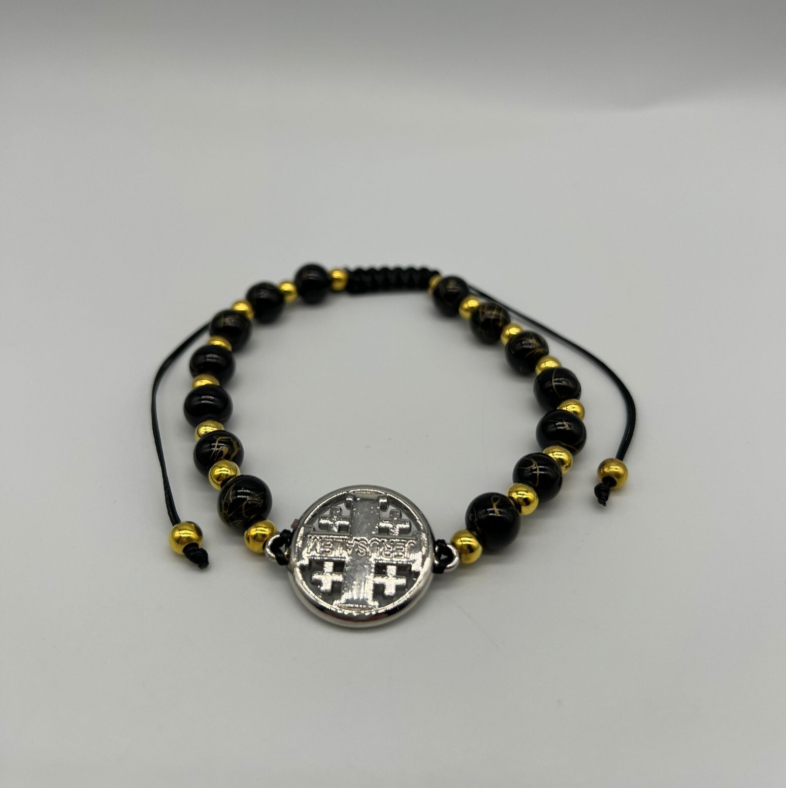 Jerusalem Cross Black Beads Bracelet Catholicism Brass Plated