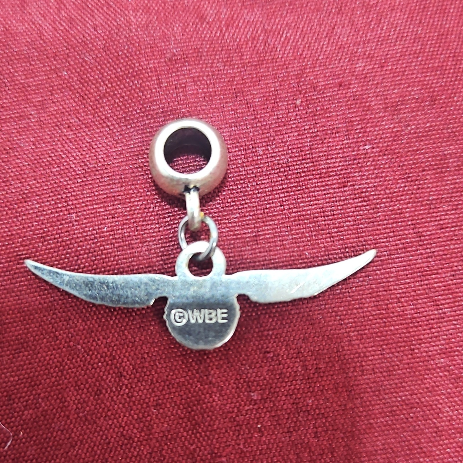 Silver Tone Signed Angel Wing Dangle Charm, Gold Tone Center Bead, Metal
