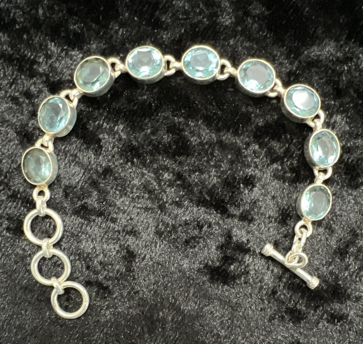 Sterling Silver Tone Tennis Oval Link Bracelet Blue Oval Topaz Toggle Adjustable
