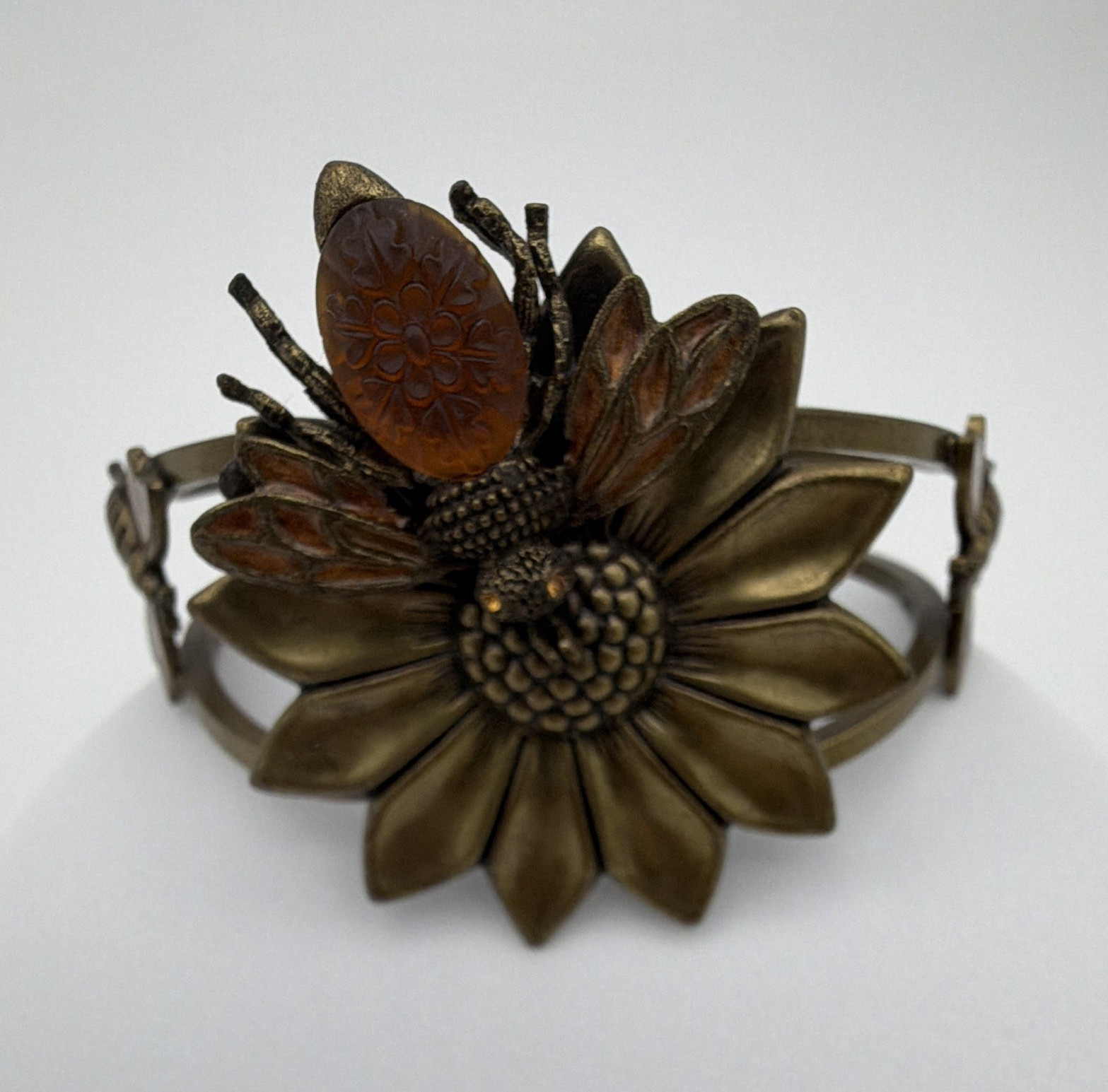 Bronze Tone Flower Bee Hinged Cuff Bracelet Metal
