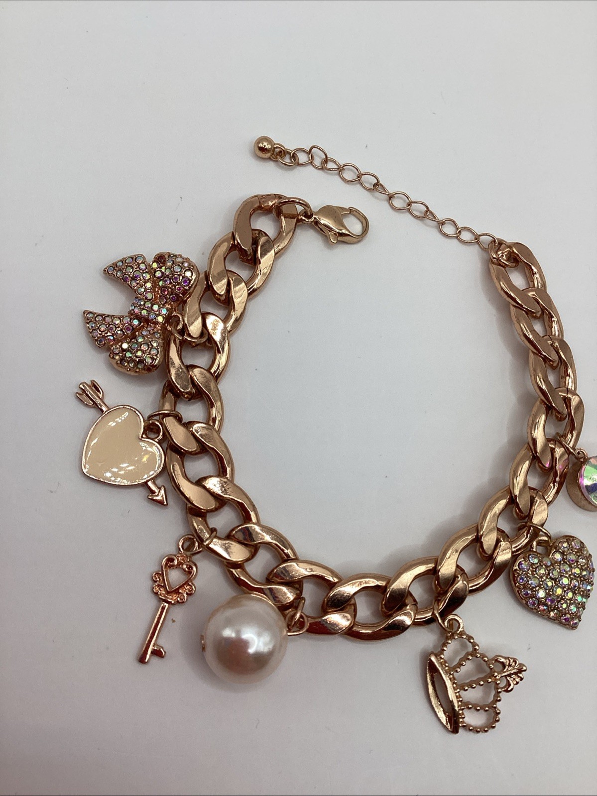 Rose Gold Tone Curb Chain Charm Bracelet W/ Faux Pearl,crystal Heart and Bow