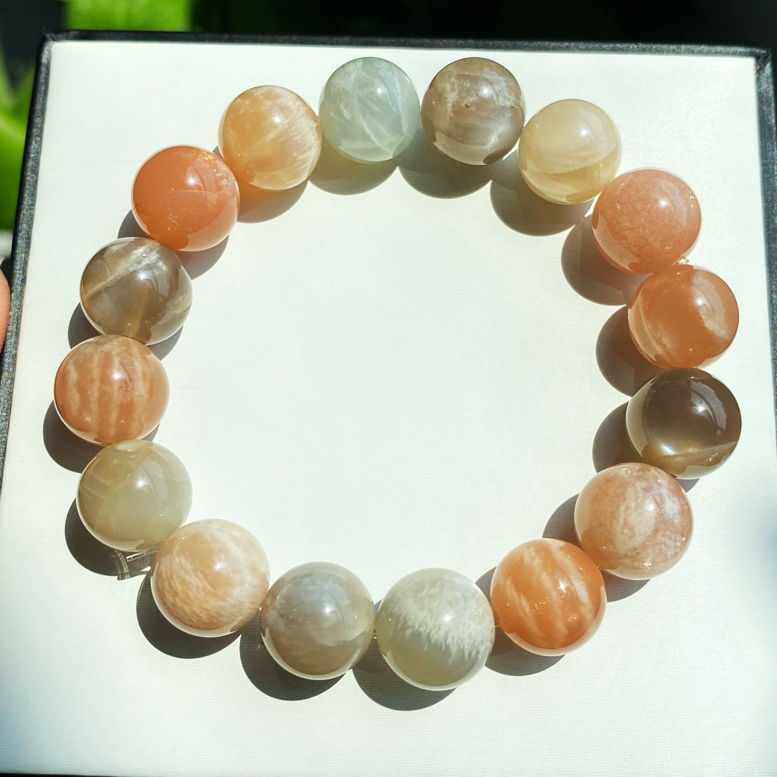 12.8mm Natural Color Moonstone Sunstone Strong Light Crystal Beads Bracelet 016
