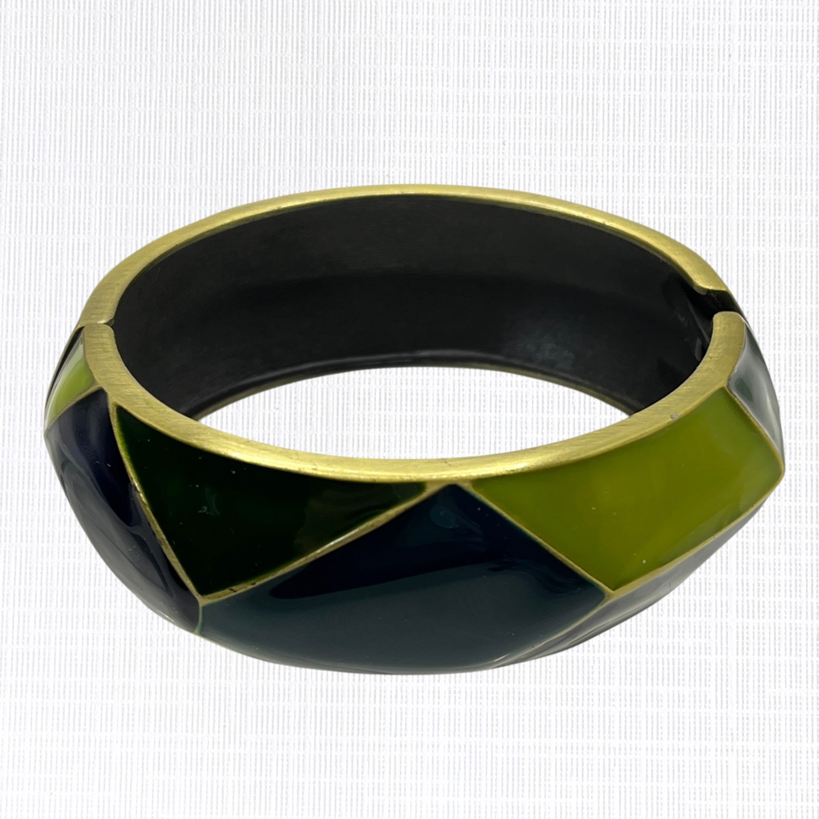 Vintage Geometric Enamel Bangle Bracelet Hinged Blue Green Clamper Artsy 1″ Wide