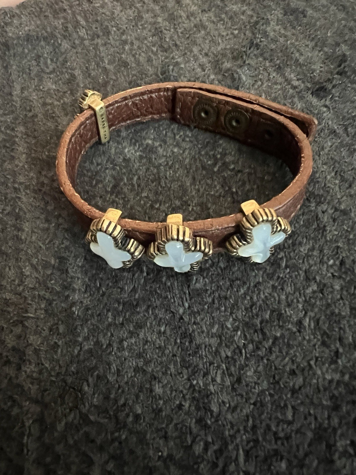 Barse Brown Leather Charm Bracelet Cross Dangle Charms Snap Closure Signed