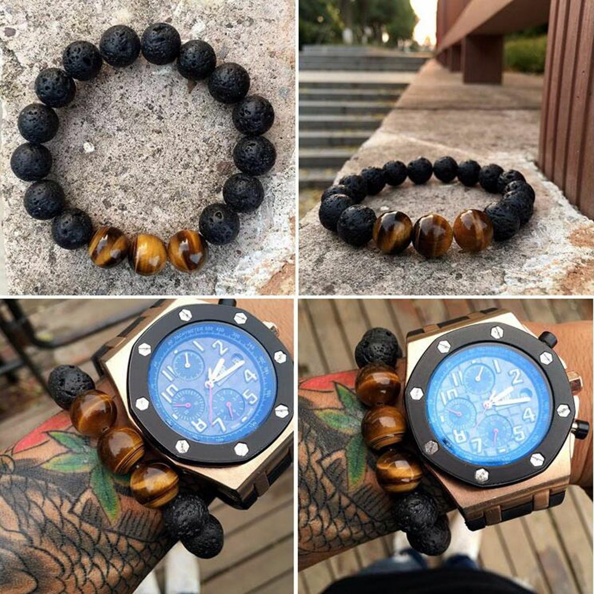 Natural Lava Stone Tiger Eye Lava Beaded Healing Energy Wrist Bracelet Men Women