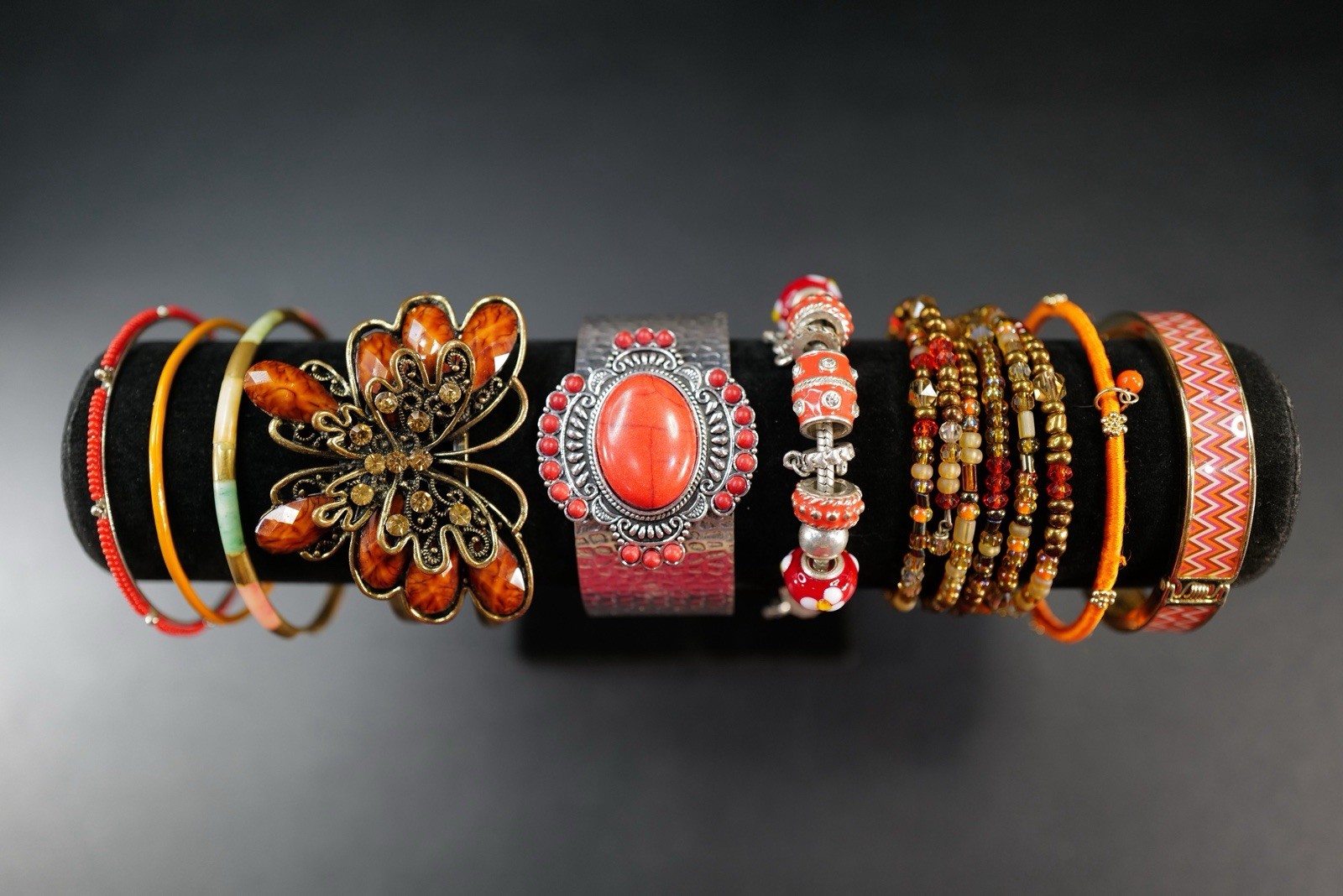 9 Pc Bracelet Gold & Silver Tone Orange Red Brown Mix Styles Bangles K39