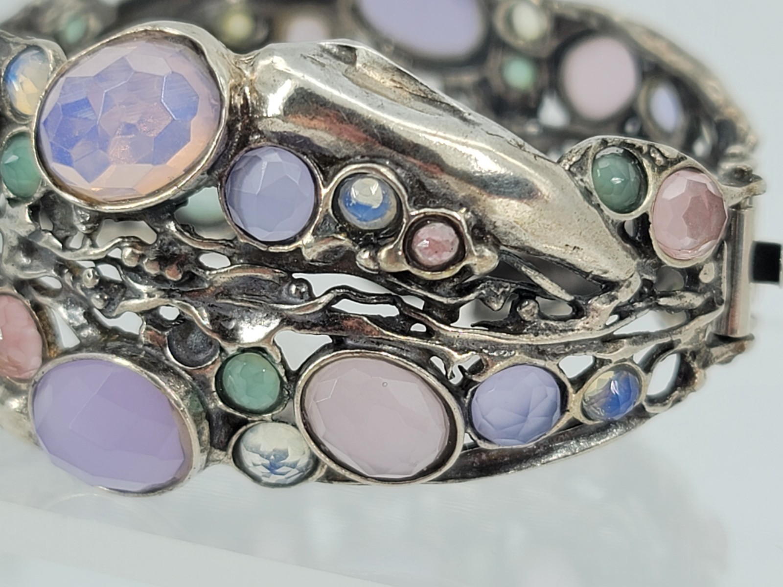 Stunning 925 Sterling Silver Multi Stone Large Ornate Bangle Bracelet w/ Clasp