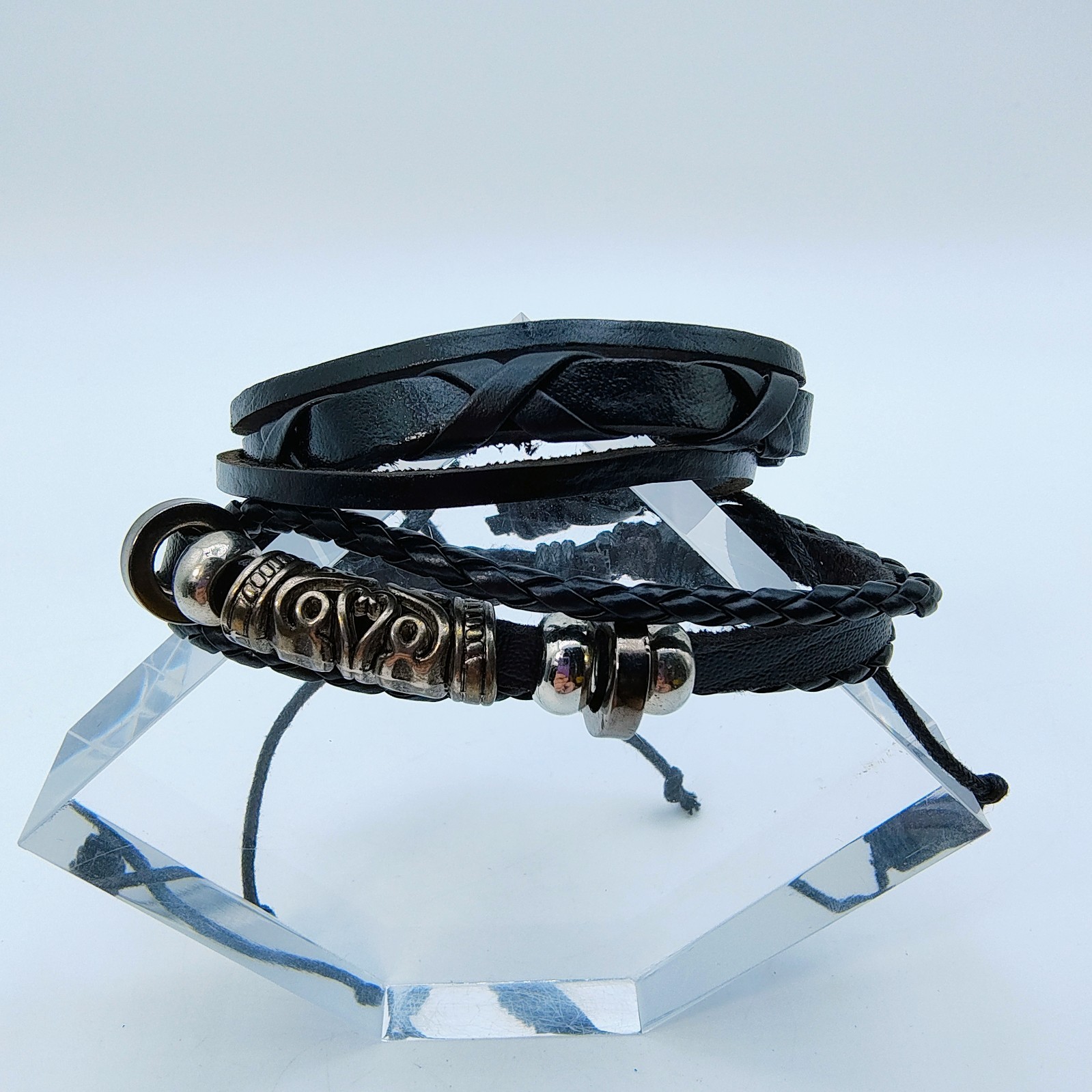 Black Faux Leather Bracelet Set of 2 Silver Tone Scroll Y2K Rock Indie Grunge
