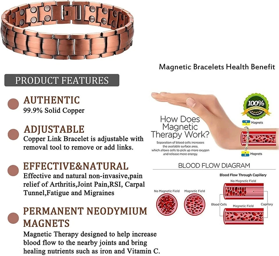Men’s Bracelet Magnetic Therapy Arthritis Pain Relief Pure Solid Copper Bangle
