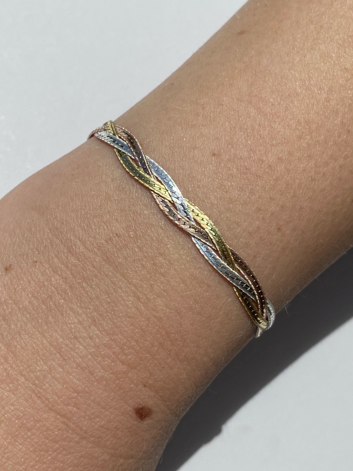925 Silver TriColor Yellow Rose Gold Plated Twisted Braided Herringbone Bracelet