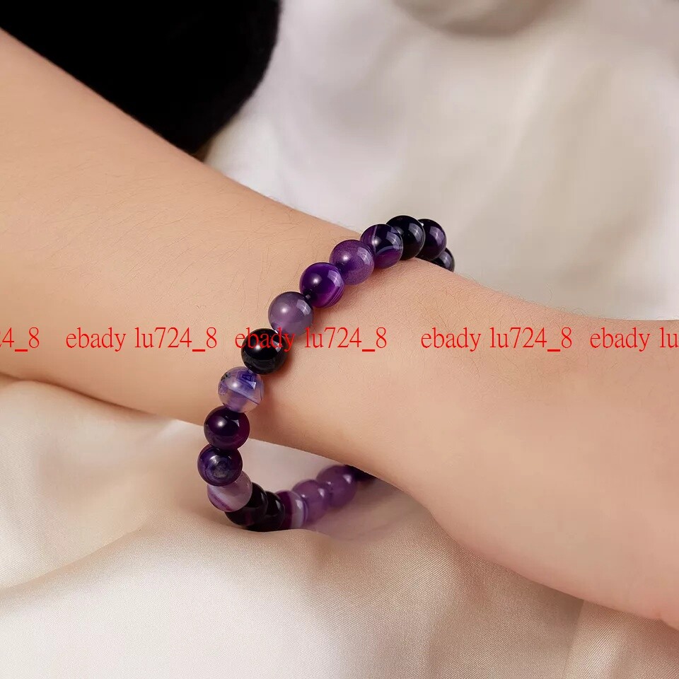 Natural Stone Purple Crystal Agate Beads Elastic Bracelet Women Men Jewelry 7.5″