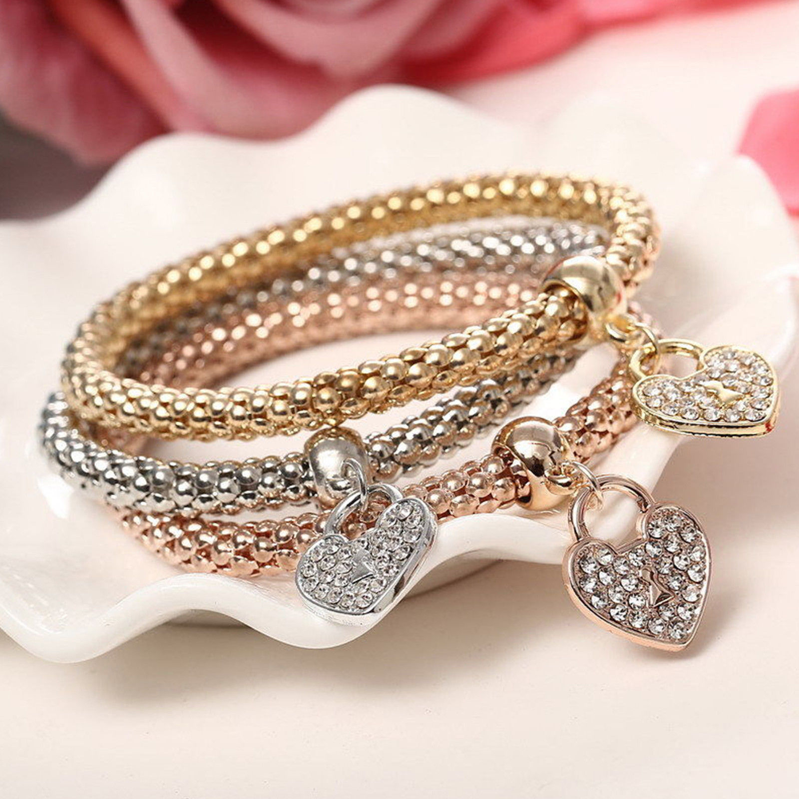 Women’s Fashion Jewelry 3 Piece Silver Rose Gold Heart Bangle Bracelet 53-2