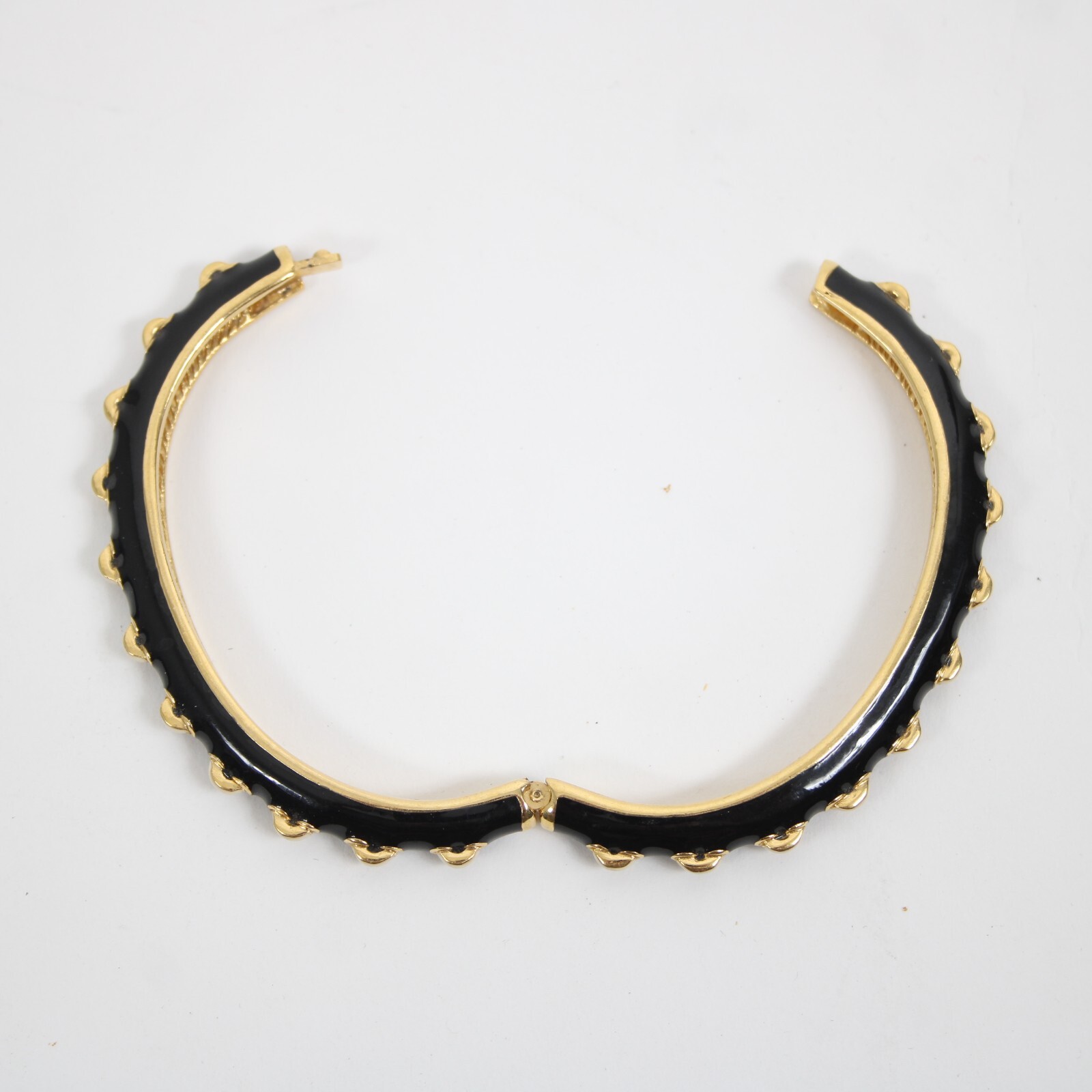 St John Goldtone Hardware Black Cream Enamel Push Lock Bangle Bracelet