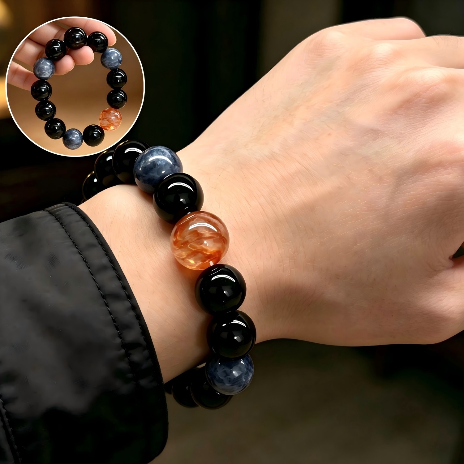 16mm Large Gemstone Beaded Natural Obsidian Red Quartz Stretch Bracelet For Men