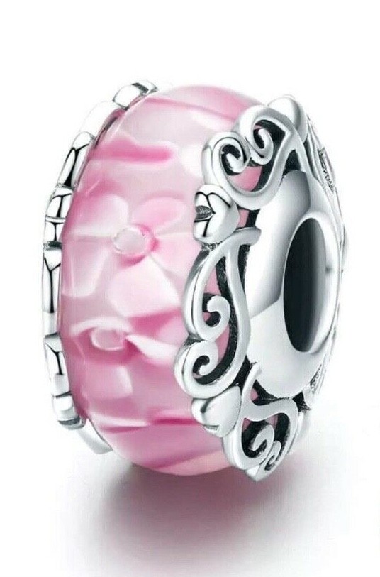 Sterling Silver s925. add on. Rose Pink Murano Glass & Flower Charm
