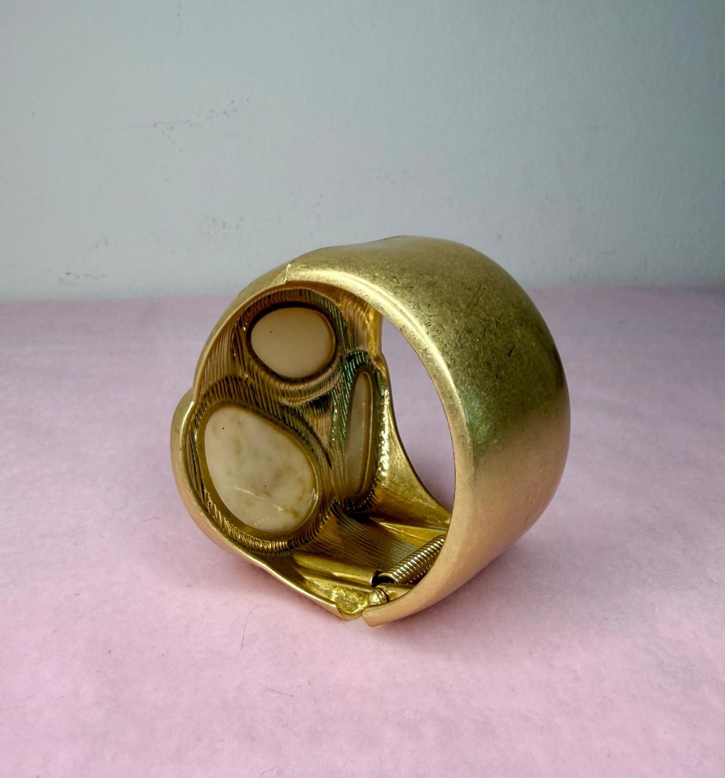 Gold Tone Statement Bangle Bracelet Wide Hinged Ivory Resin Cuff Jewelry