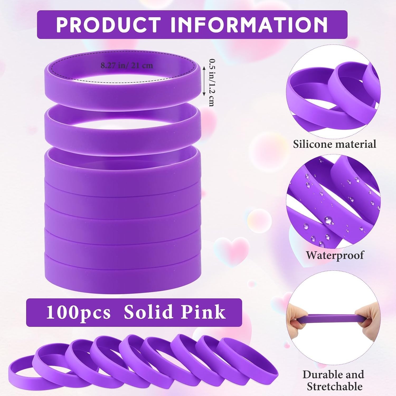 Silicone Rubber Wristbands Bulk for Women Men Purple 100 Pcs Stretchy Bracelets