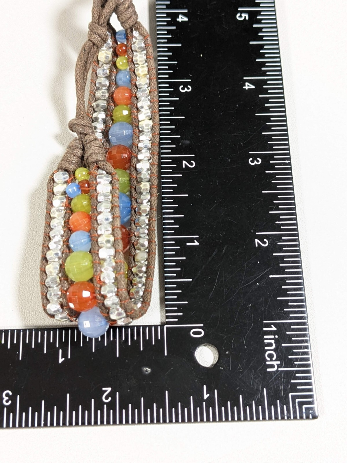 Tribal Style Brown Cord Silver Tone Blue Orange Acrylic Bead Bracelet 8.5 in