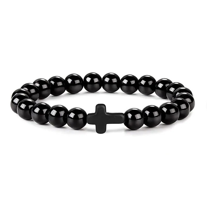 Natural Stone Beads Bracelet Hematite Cross Prayer Yoga Jewelry Men Women