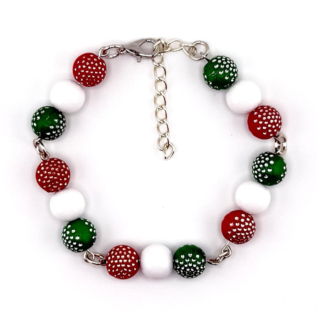 Christmas Red Green White Round Plastic Beaded Bracelet Adjustable Lobster