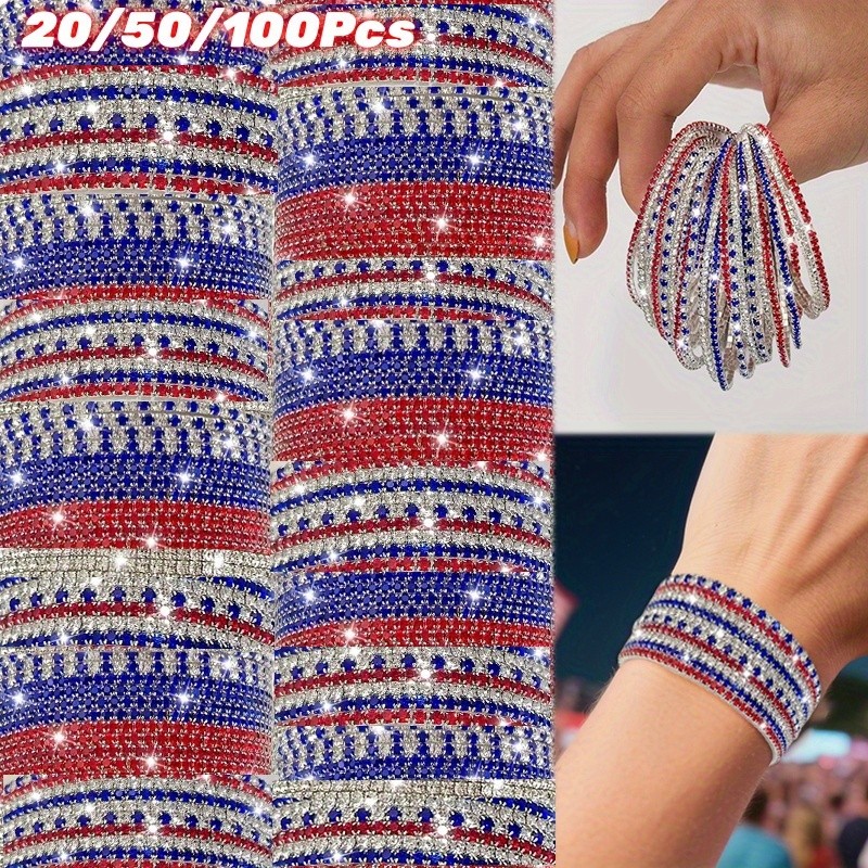 20/50/100Pcs 4th of July Rhinestone Bracelets Stretch Stackable Bangles Gift