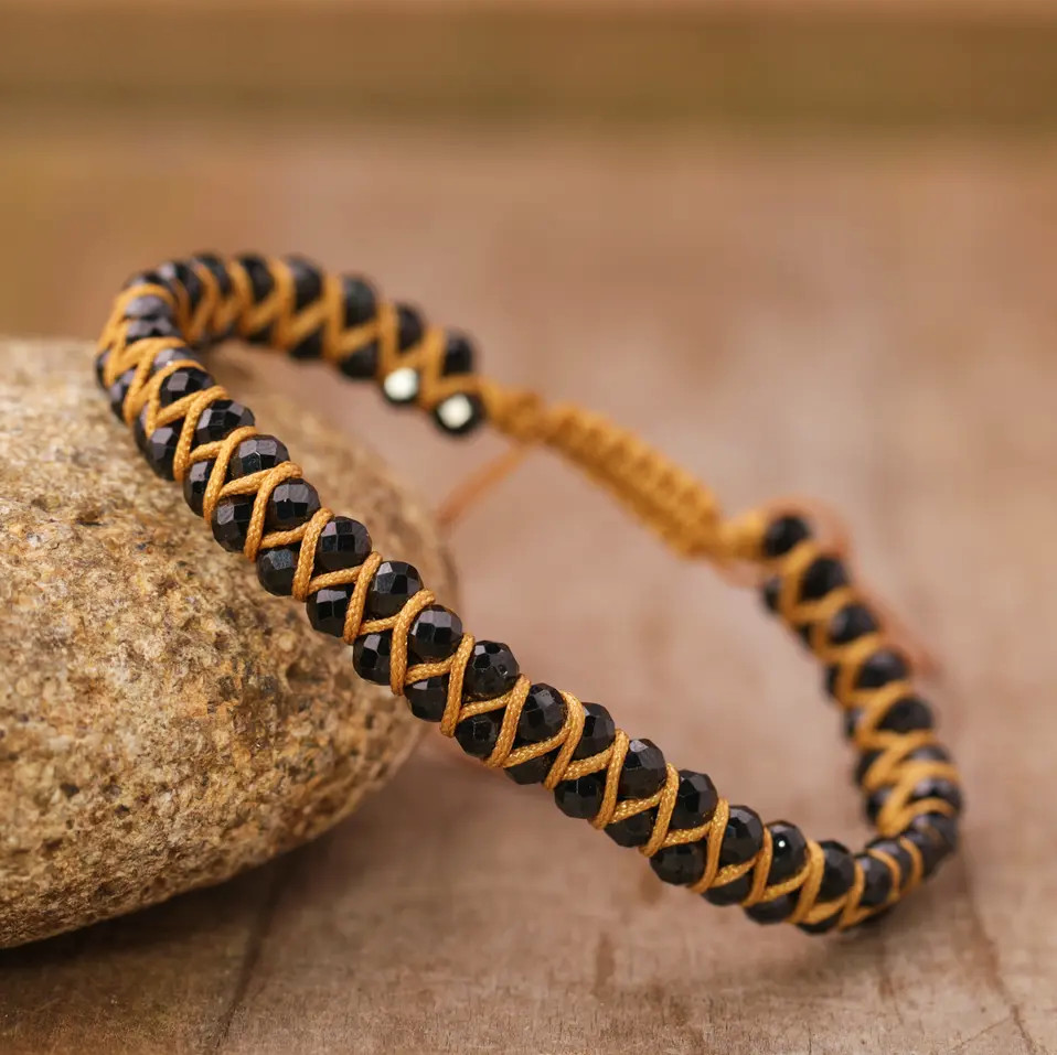Handmade Black Obsidian Bracelet, Boho Faceted Crystal Bead Woven, Men and Women