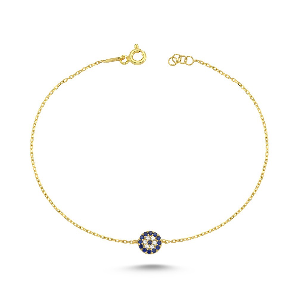 SMALL EVIL EYE PROTECTION STERLING SILVER 925 BRACELET TURKISH YELLOW GOLD 7.25″