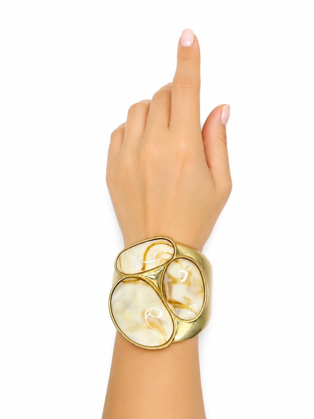 Gold Tone Statement Bangle Bracelet Wide Hinged Ivory Resin Cuff Jewelry