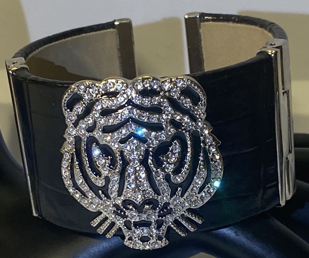 Black Leather Black Enamel Crystal Encrusted Tiger Head Hinged Cuff Bracelet